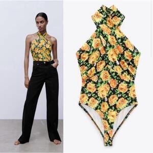 ZARA NWT twist-halter yellow & black floral bodysuit with open back | size small